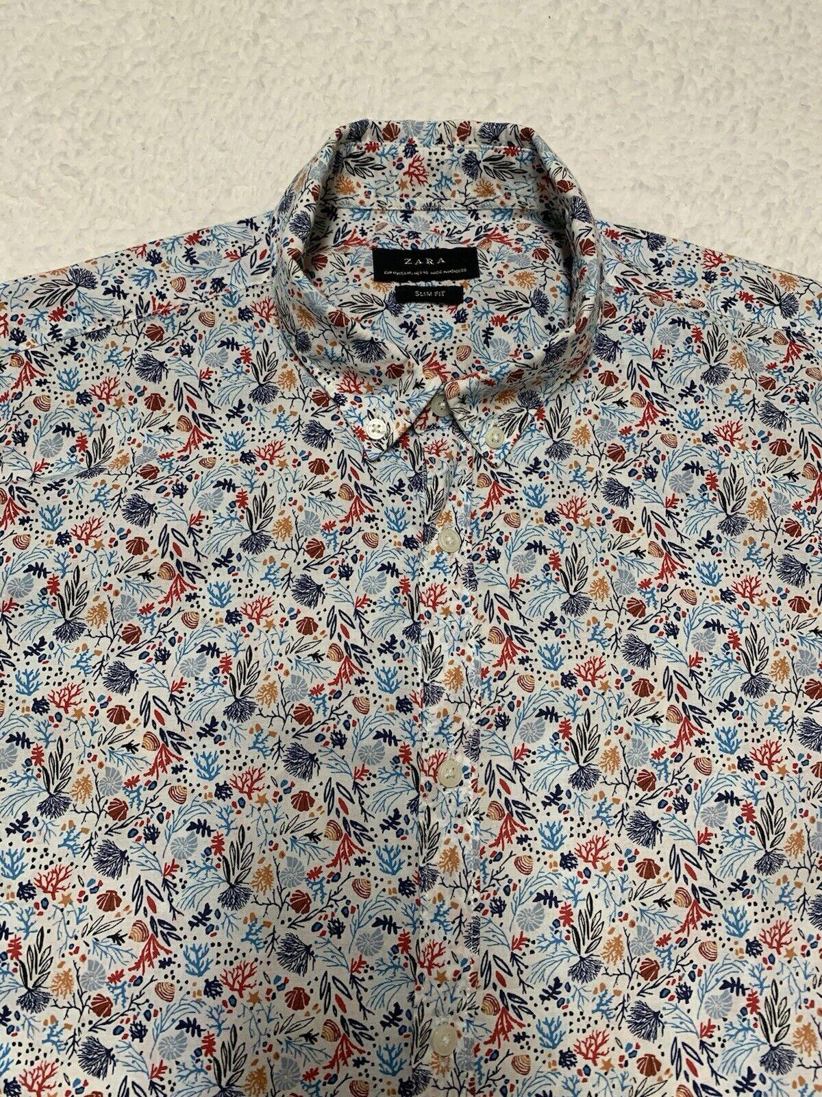 Zara Short Sleeve  Slim Fit Casual Button Down Shirt Size M Print Seaside Shells