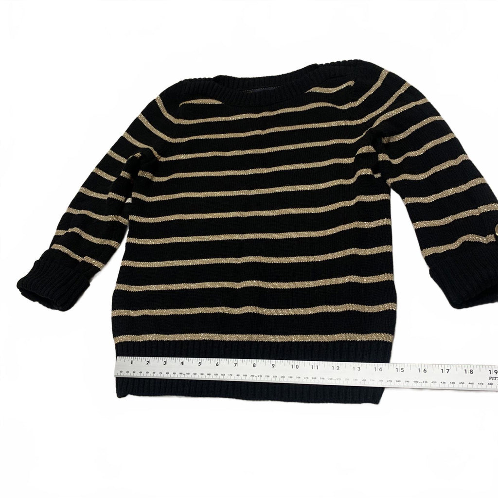 Jones New York Women's Size Petite M Black Beige Striped Sweater Cuffed Sleeve