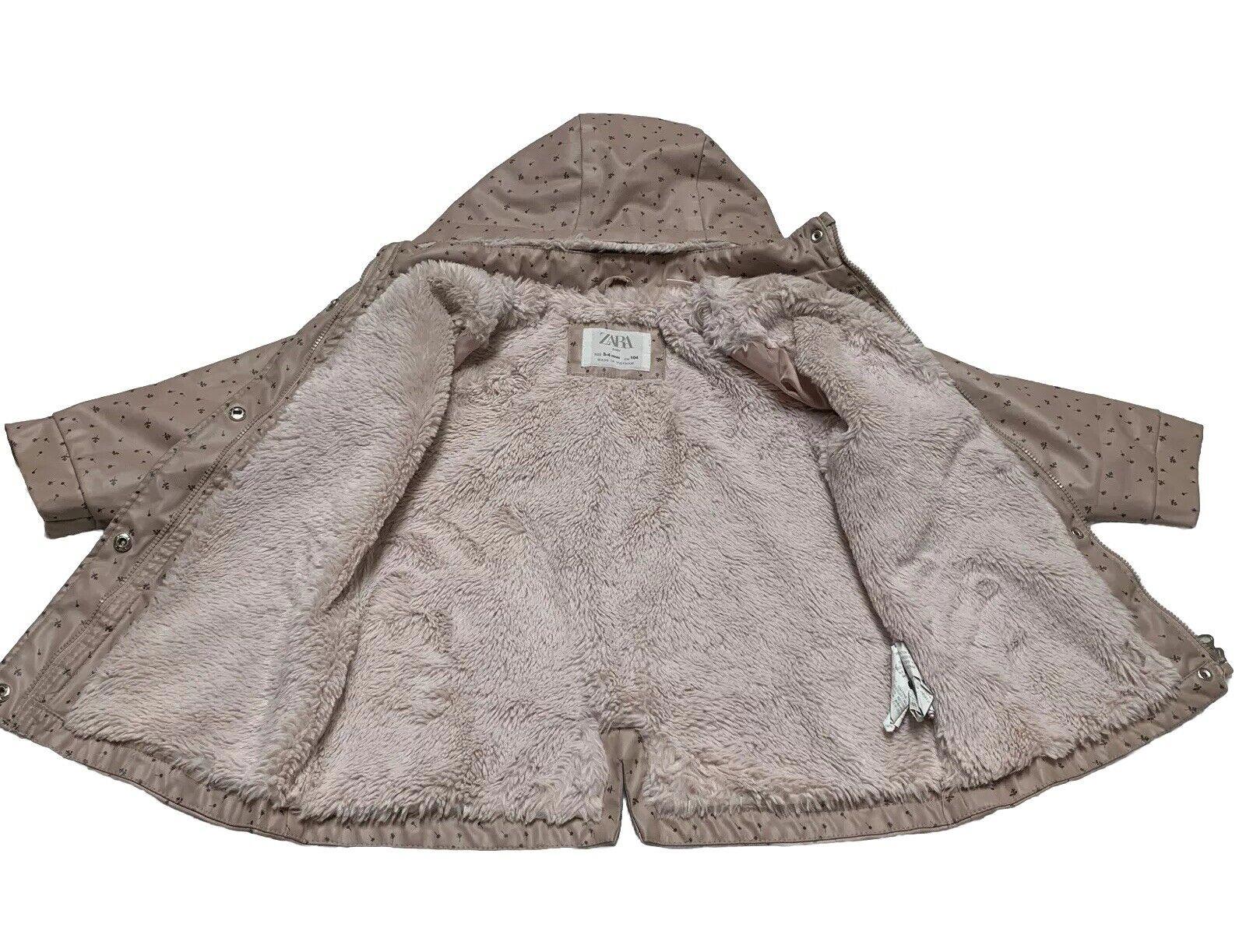 Zara Baby Girl Size 3-4 Years Pink Floral Print Fleece Lined Raincoat HoodJacket