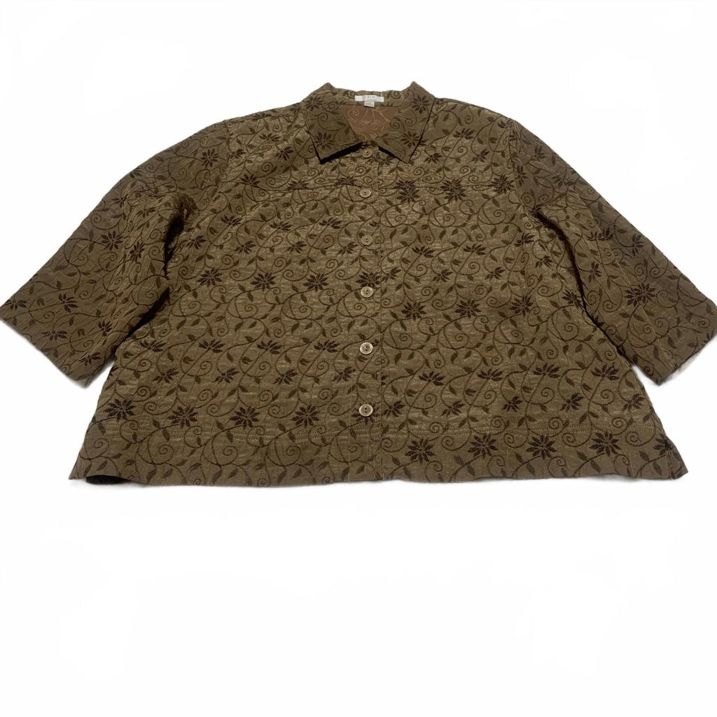 Erin By Erin London Women's 2X Metallic Floral Jacquard Blouse Brown 3/4 Sleeve