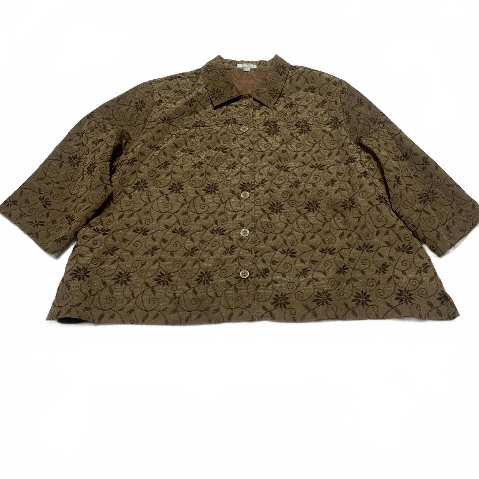Erin By Erin London Women's 2X Metallic Floral Jacquard Blouse Brown 3/4 Sleeve