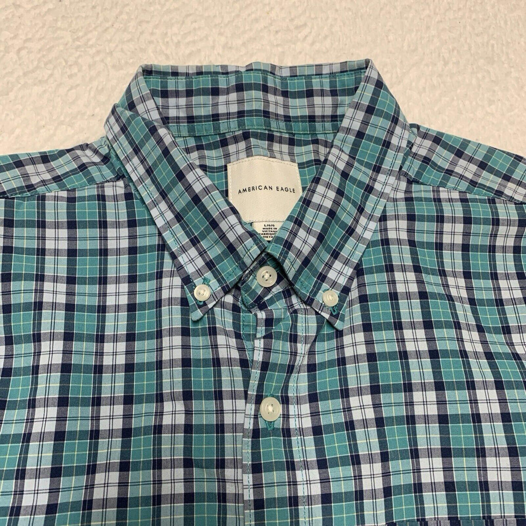 American Eagle Women’s Size Large Teal Blue Button up Shirt Plaid Long Sleeve