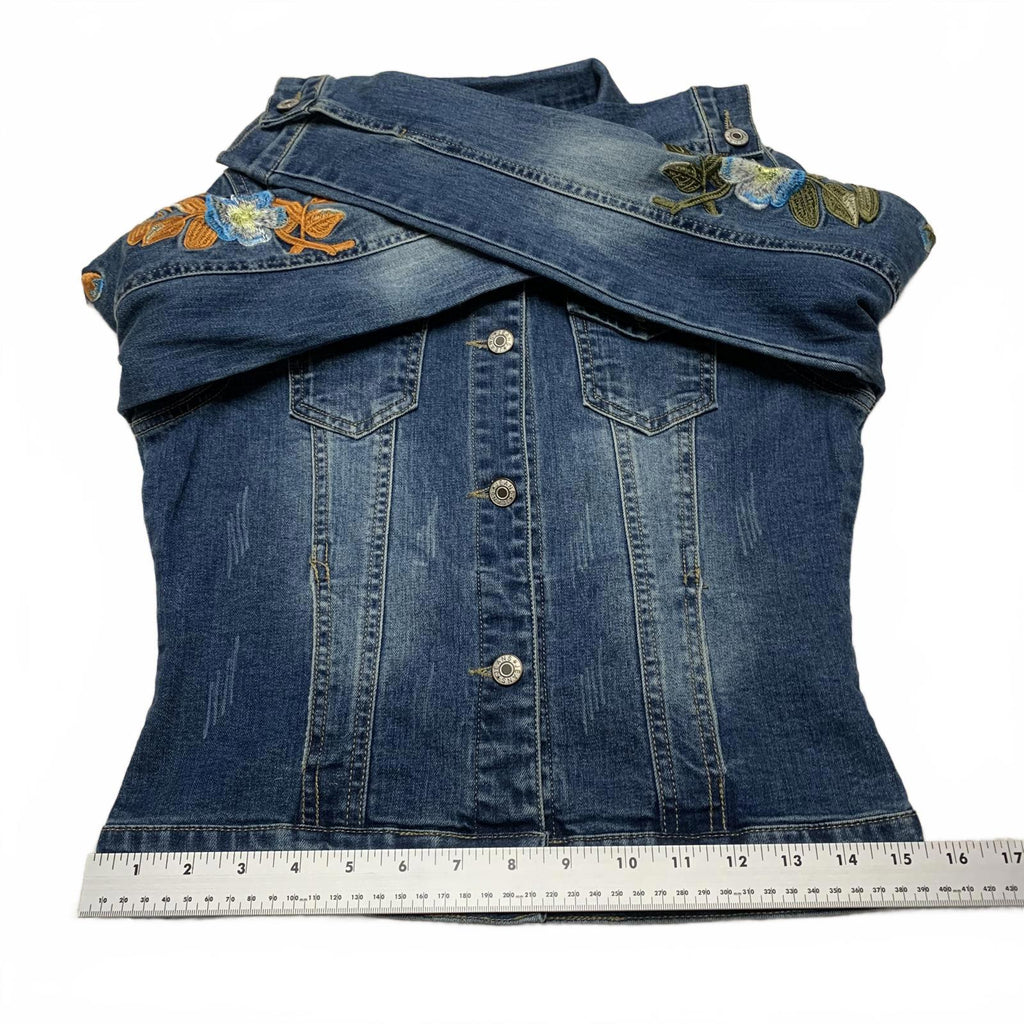 Stylish Denim Jacket with Floral Embroidery Women's Size Medium Dark Denim