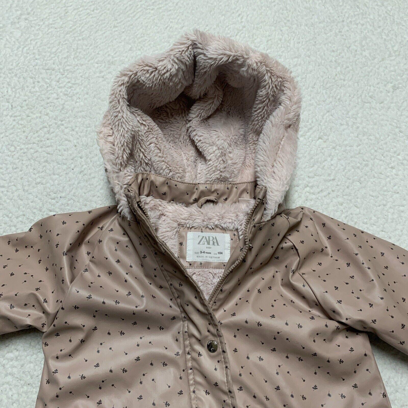 Zara Baby Girl Size 3-4 Years Pink Floral Print Fleece Lined Raincoat HoodJacket