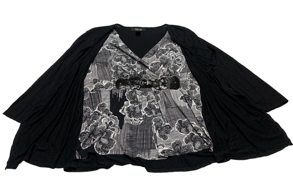 Style & Co Women’s PXL Black White Layered Tunic Top Belt Boho Festive