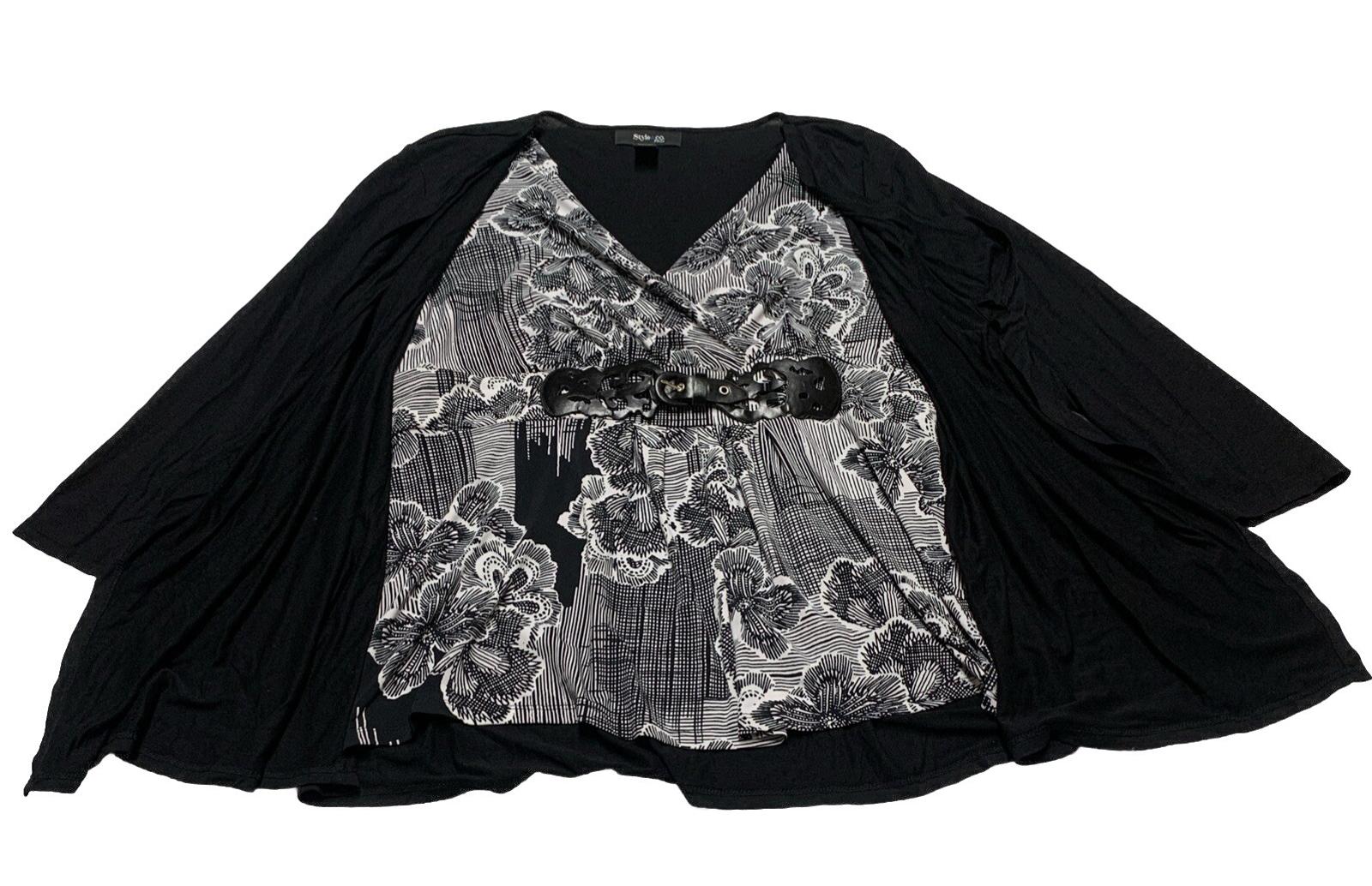 Style & Co Women’s PXL Black White Layered Tunic Top Belt Boho Festive
