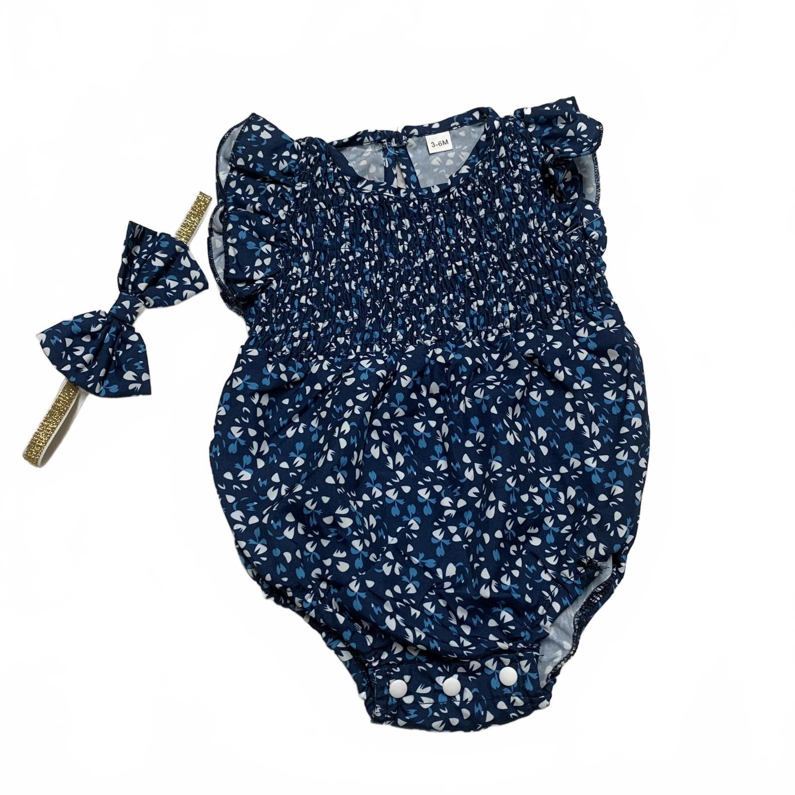 Adorable Baby Girl Size 3-6 Months Blue Floral Ruffled Romper with Headband