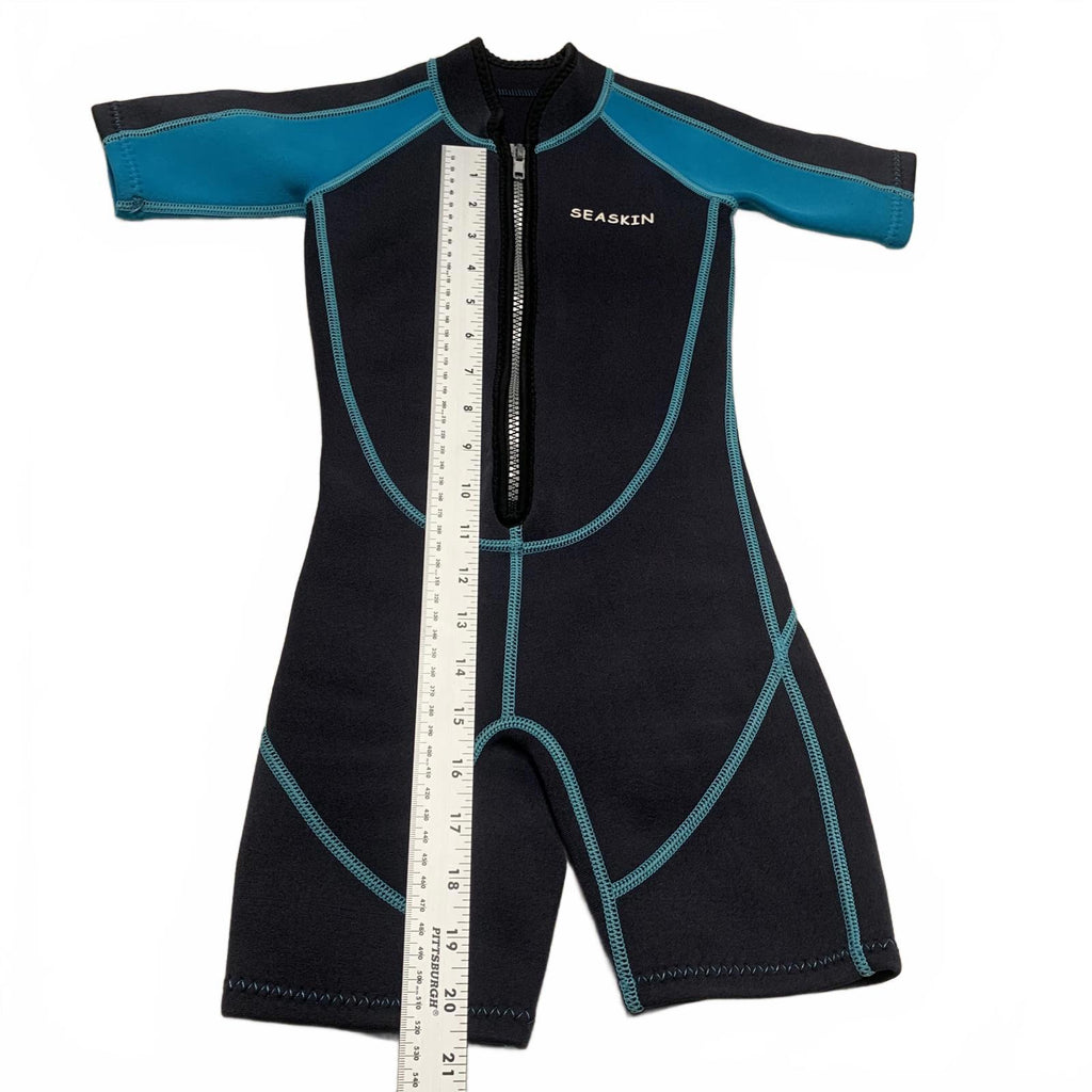Seaskin Child Unisex Shorts Size 3 Black Teal Short Sleeve Wetsuit Bathing Suit