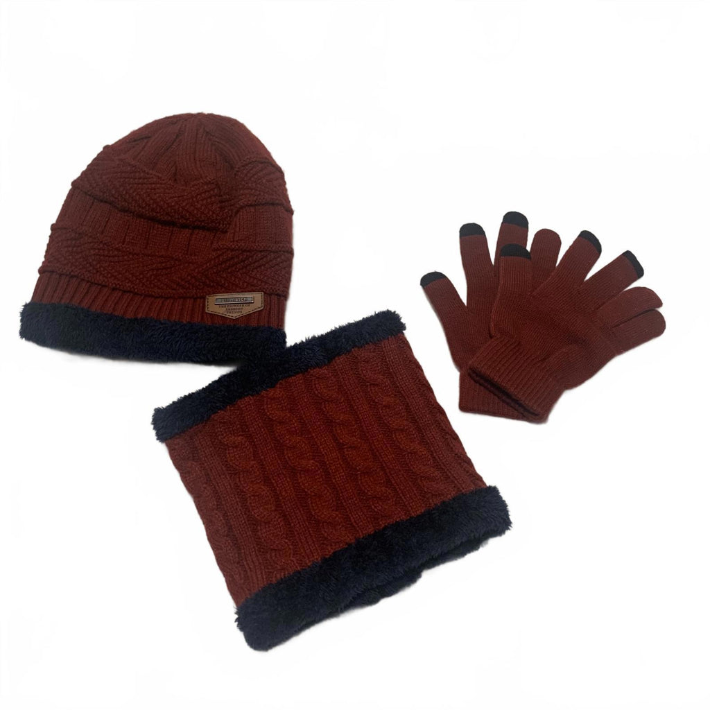 All-match Winter Knit Hat Scarf Gloves Set Burgundy Navy Faux Fur Lining OSFA