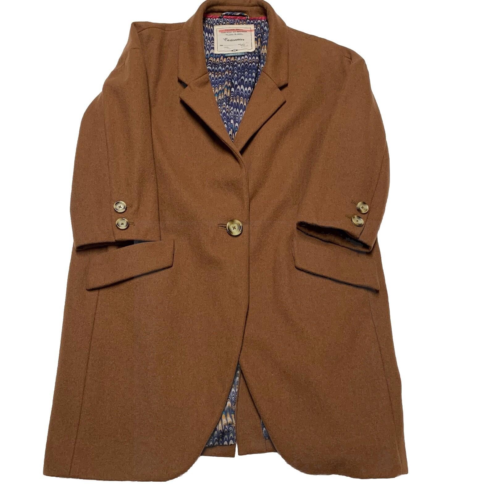 Cartonnier Wool Blazer Coat Women’s Small Brown Oversized Boyfriend 3/4 Sleeve