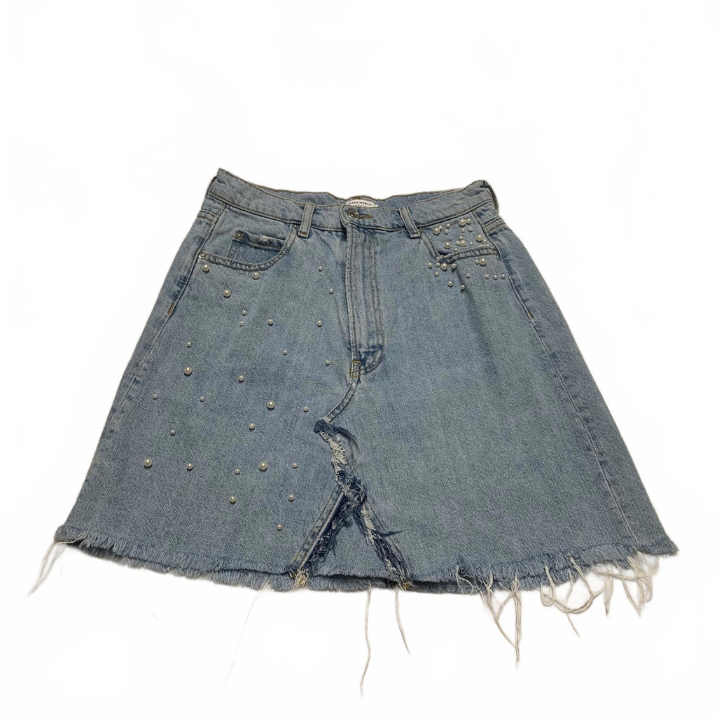 Zara Women's Size M Blue Distressed light wash Denim Skirt Pearl Bead Details