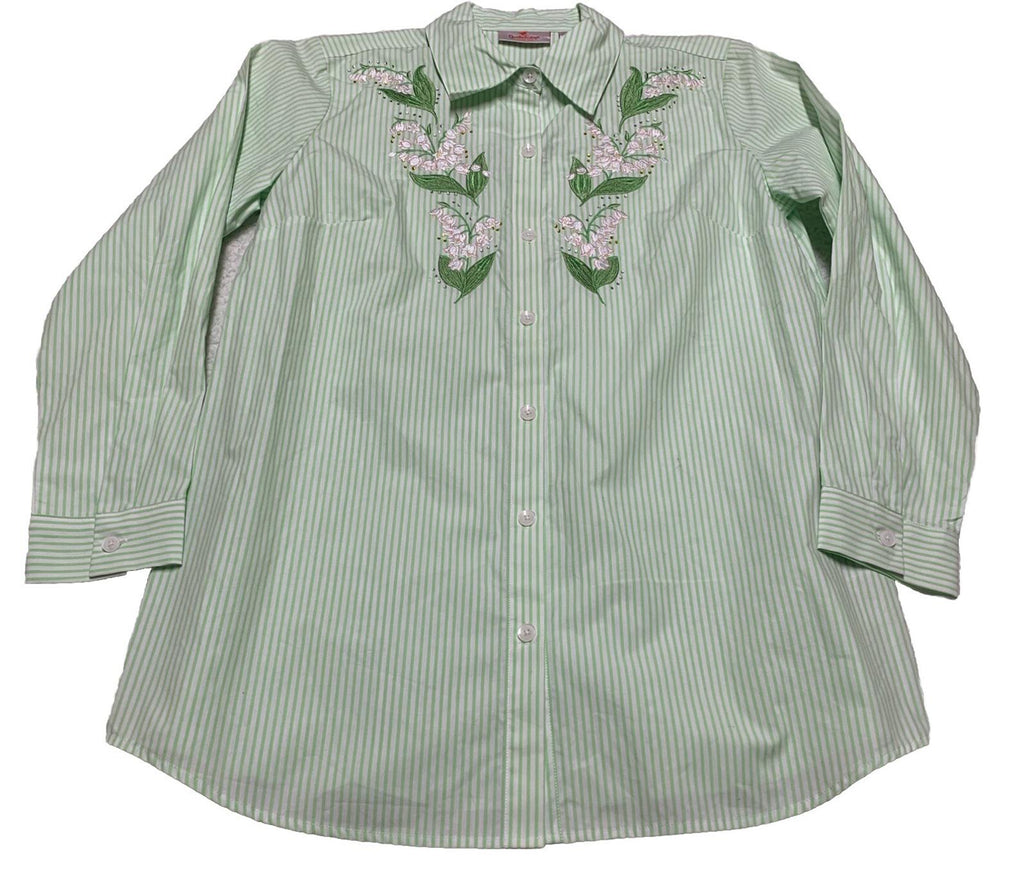 Quacker Factory Women's Size S Floral Embroidered Green Striped Button Shirt