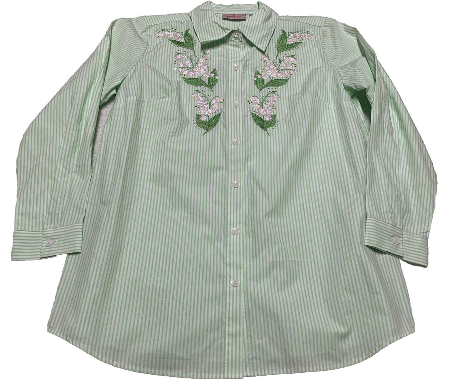 Quacker Factory Women's Size S Floral Embroidered Green Striped Button Shirt