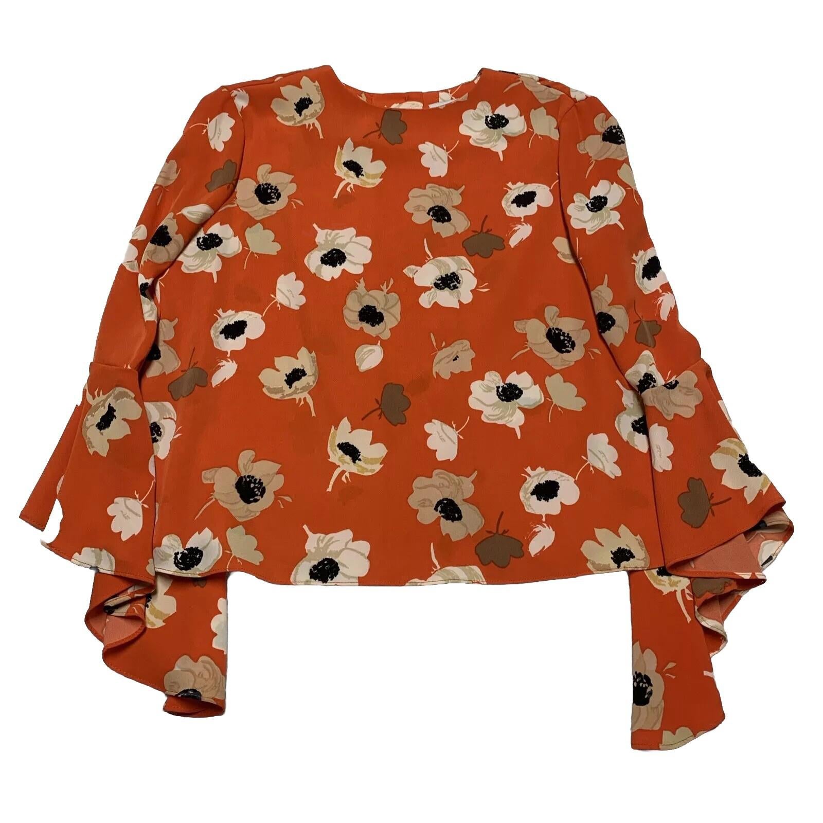 Carmen Marc Valvo Women’s Size 8 Orange Floral Print Bell Sleeve Top