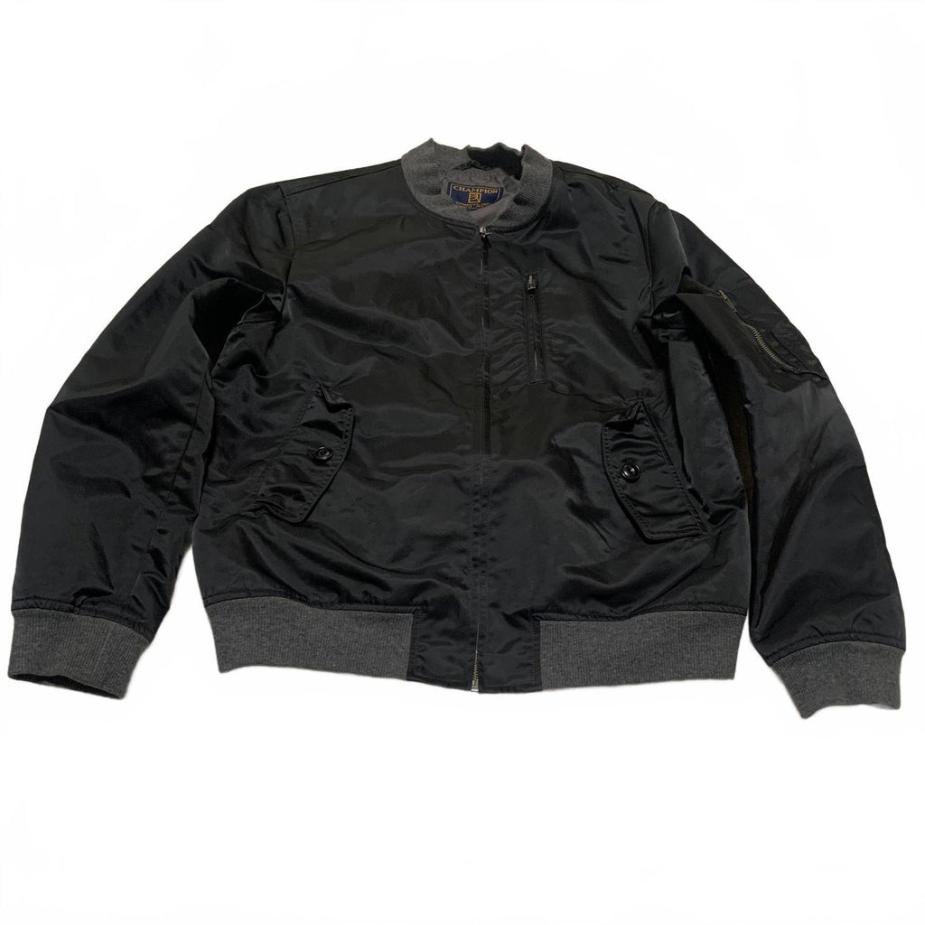 Vintage 90s Champion Co. Men's Size M Black Bomber Jacket Gray Ribbed Cuffs Hem