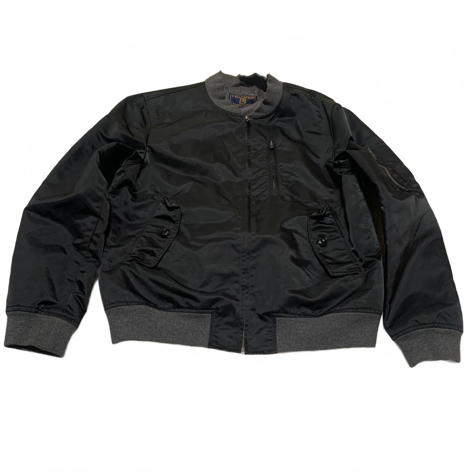 Vintage 90s Champion Co. Men's Size M Black Bomber Jacket Gray Ribbed Cuffs Hem