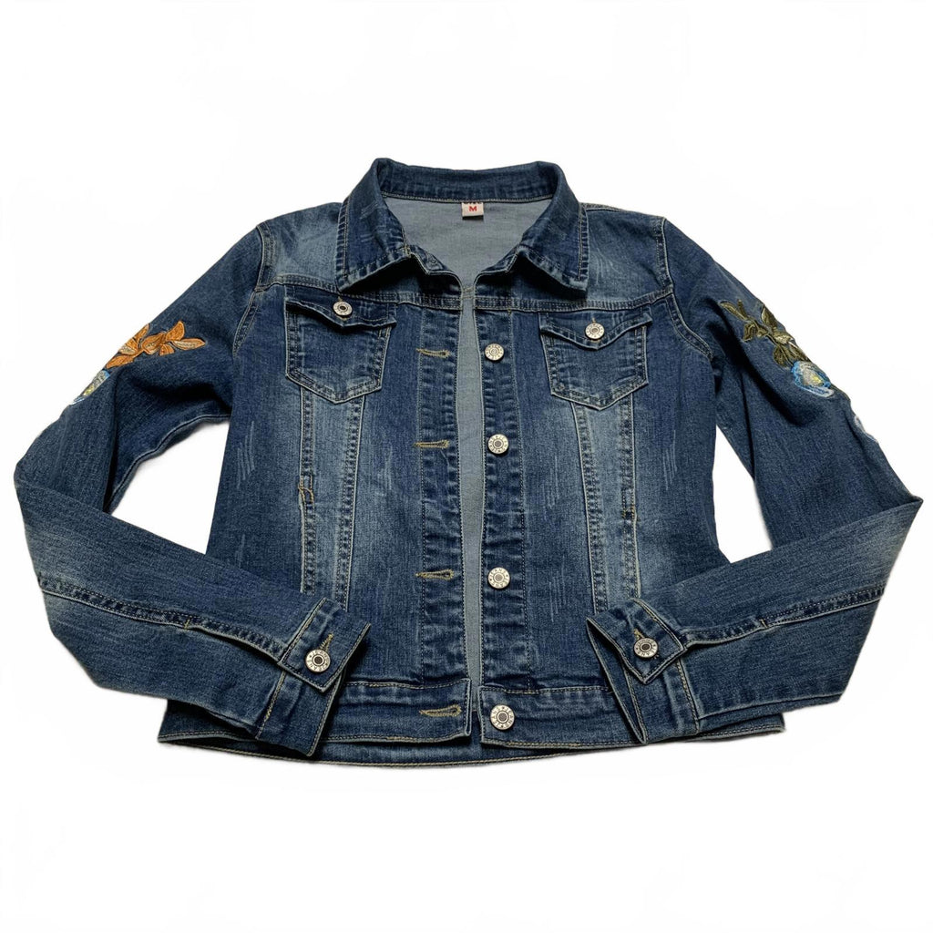 Stylish Denim Jacket with Floral Embroidery Women's Size Medium Dark Denim