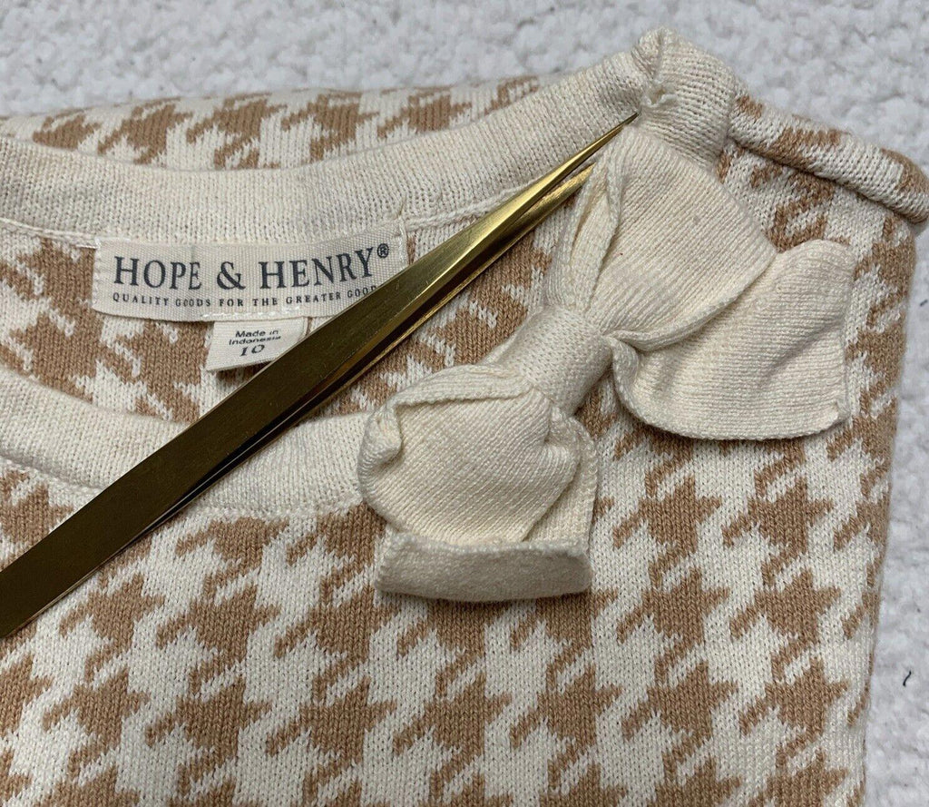 Hope & Henry Girls Size 10 Ivory Beige Houndstooth Sheath Dress Bow Knee Length
