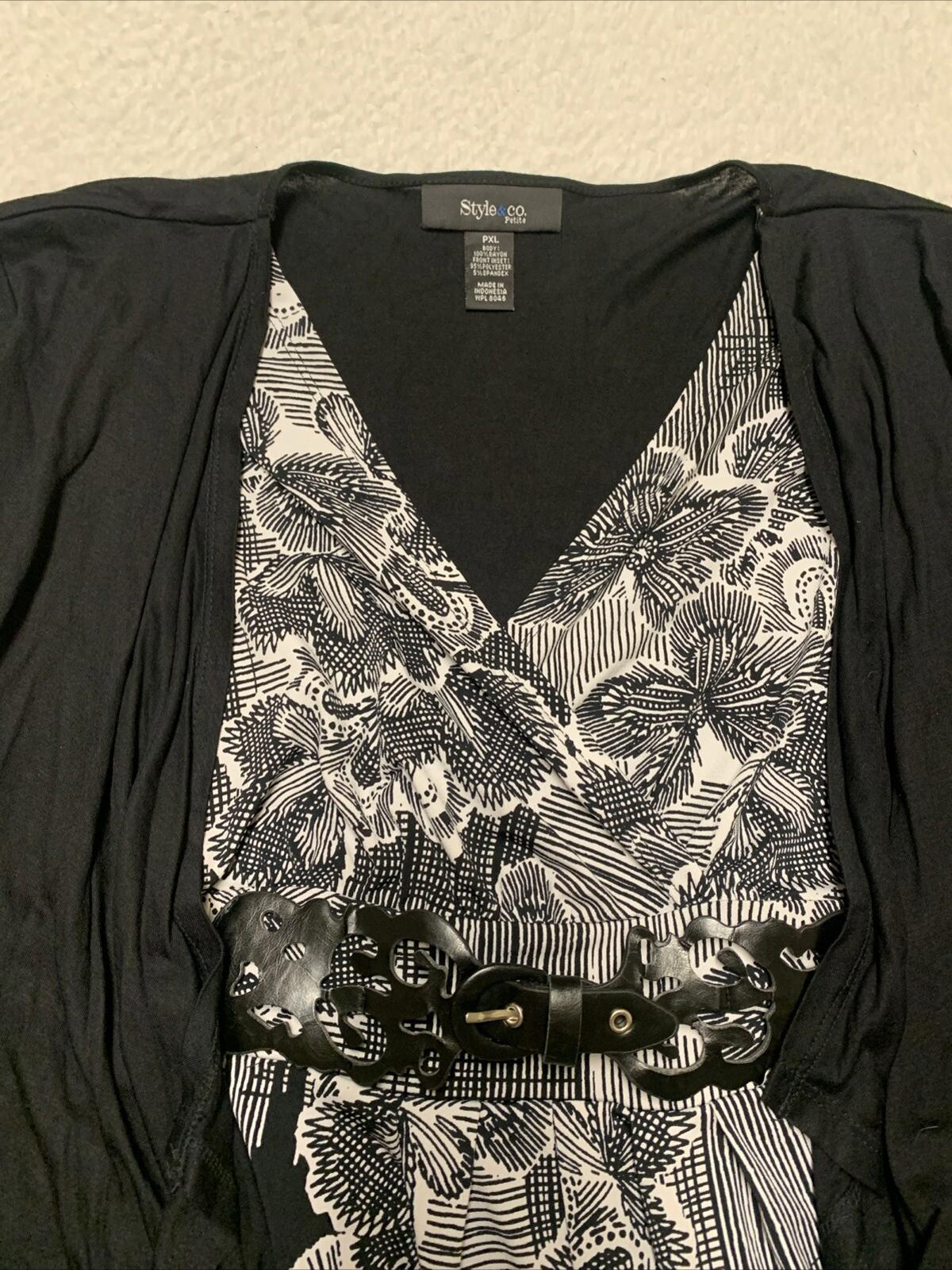 Style & Co Women’s PXL Black White Layered Tunic Top Belt Boho Festive
