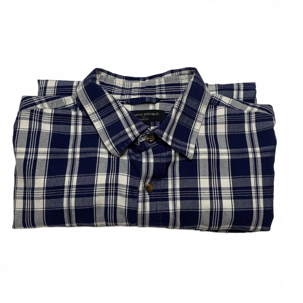 Banana Republic Men’s Size Large Navy Plaid Button-Up Shirt Slim Fit