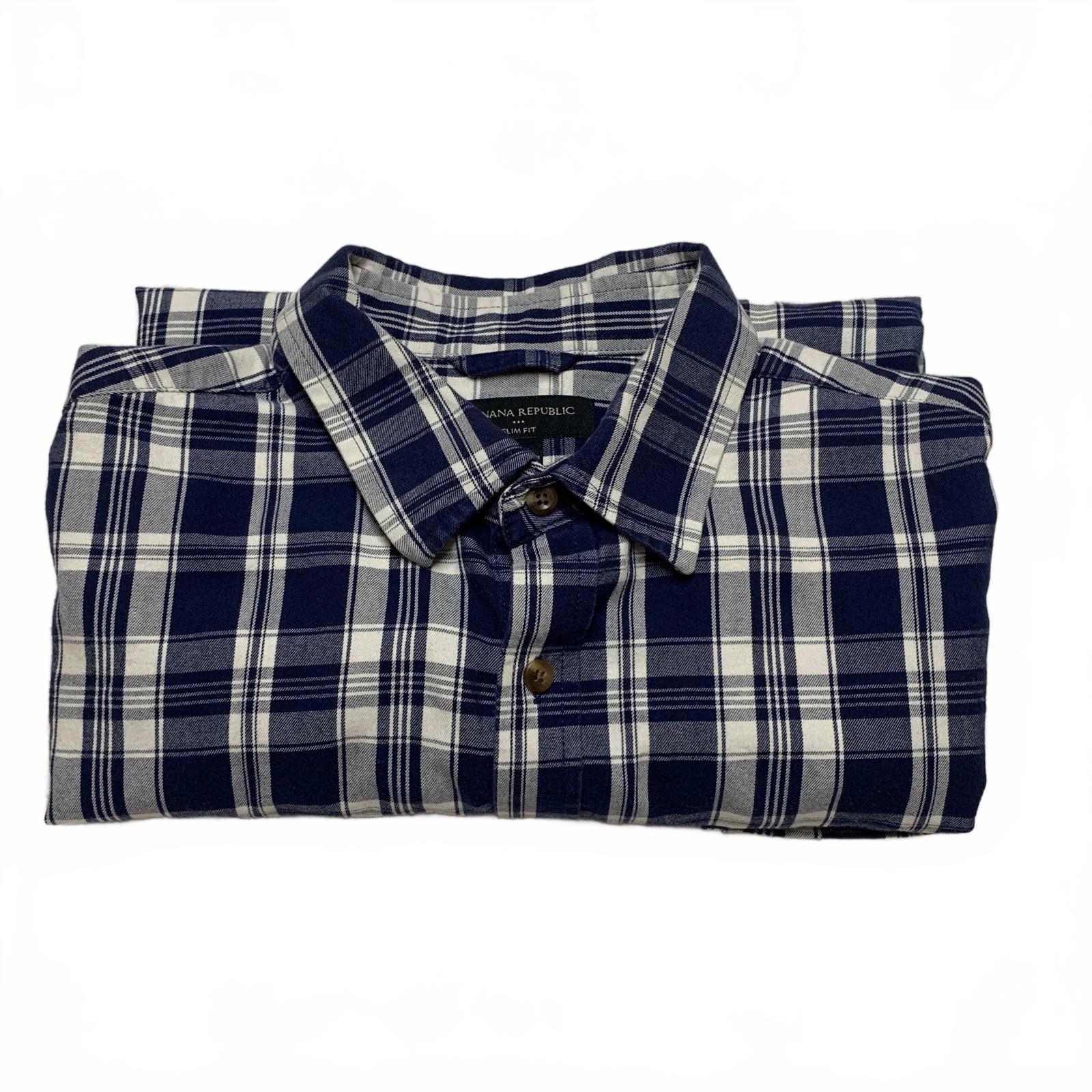 Banana Republic Men’s Size Large Navy Plaid Button-Up Shirt Slim Fit