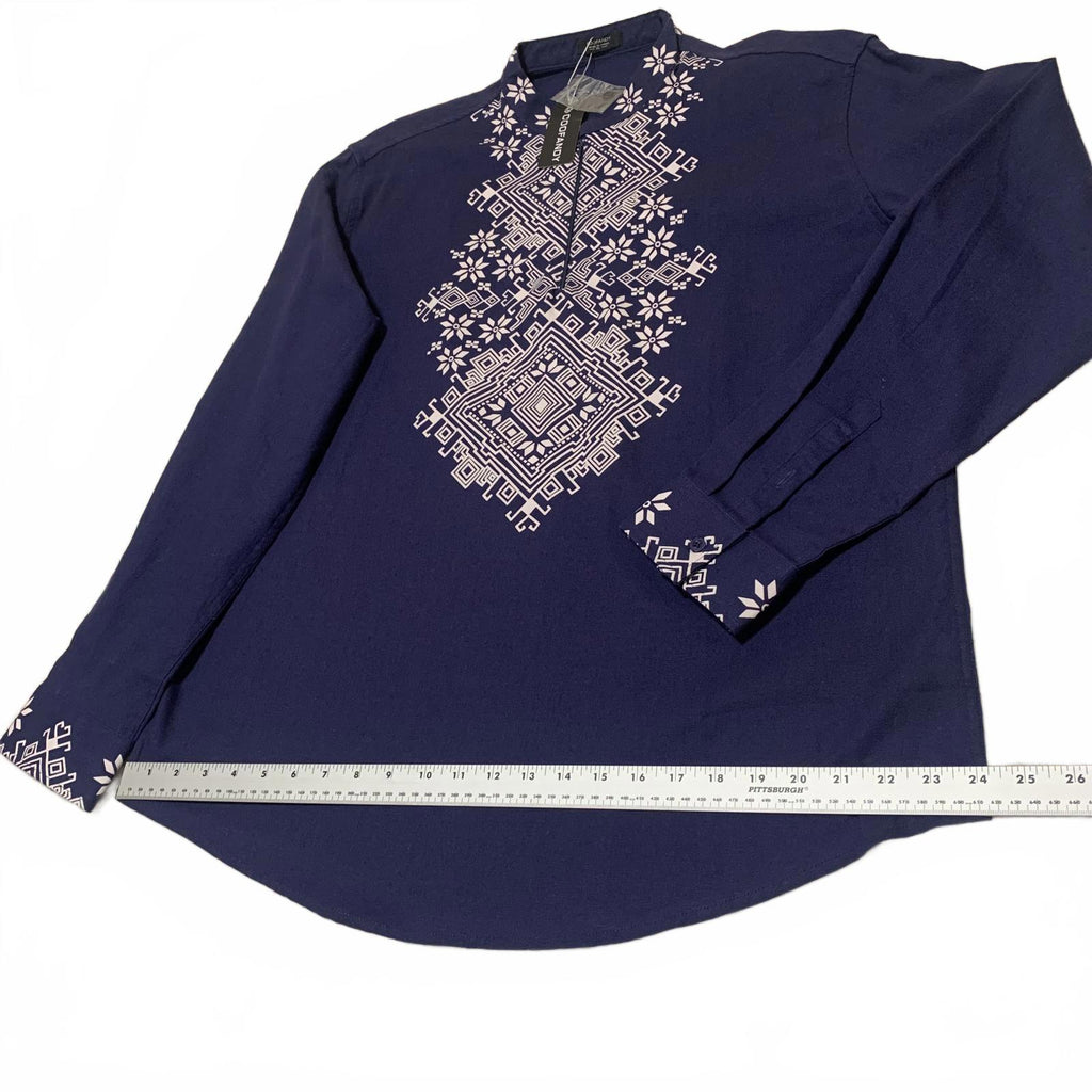 Coofandy Men's Size XL Blue Long Sleeve Embroidered tunic Collar Shirt Cotton