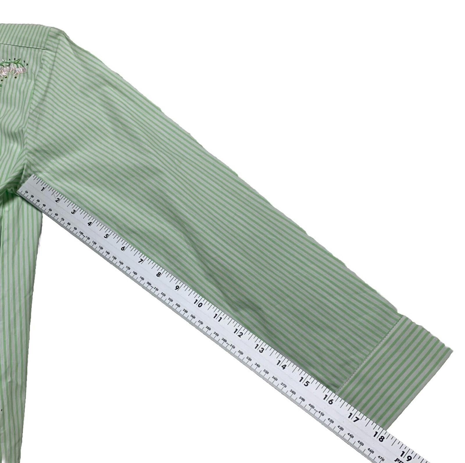 Quacker Factory Women's Size S Floral Embroidered Green Striped Button Shirt
