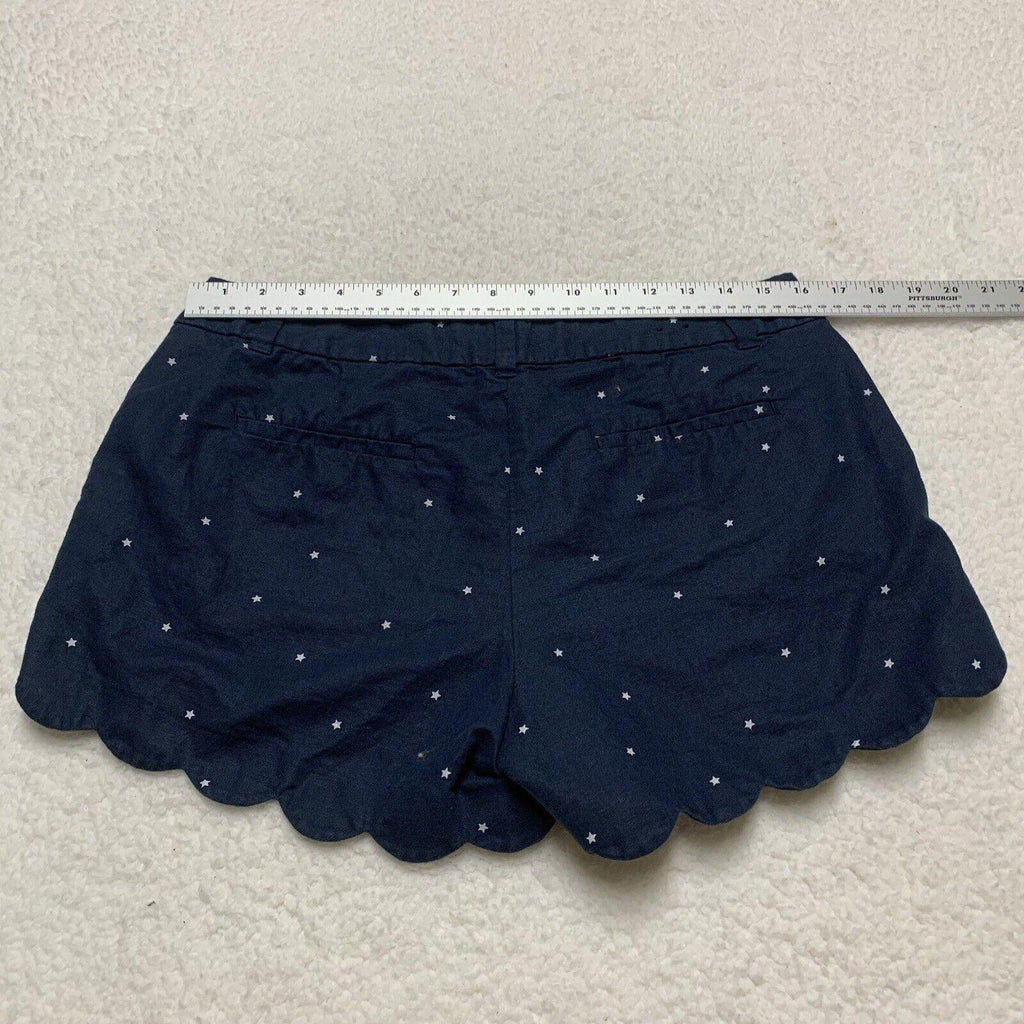 J Crew Scalloped Hem Linen Cotton Shorts Size 10 Navy Blue White Star Print
