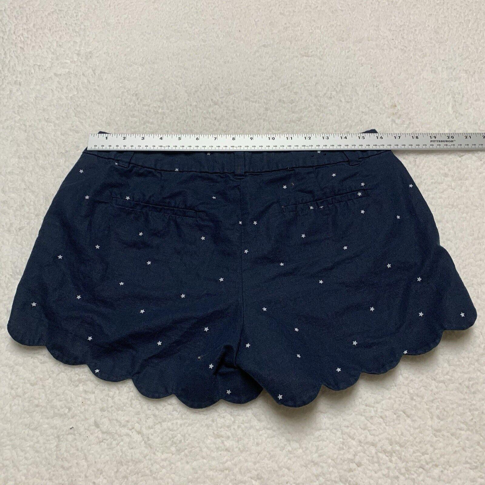 J Crew Scalloped Hem Linen Cotton Shorts Size 10 Navy Blue White Star Print
