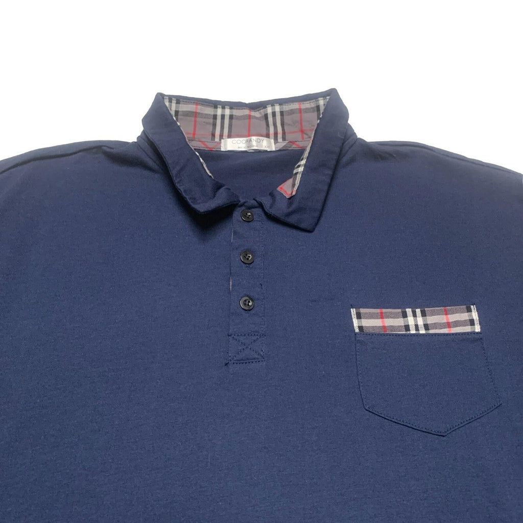 Coofandy  Men's  XXL Navy Blue Long Sleeve Polo Plaid Collar Pocket