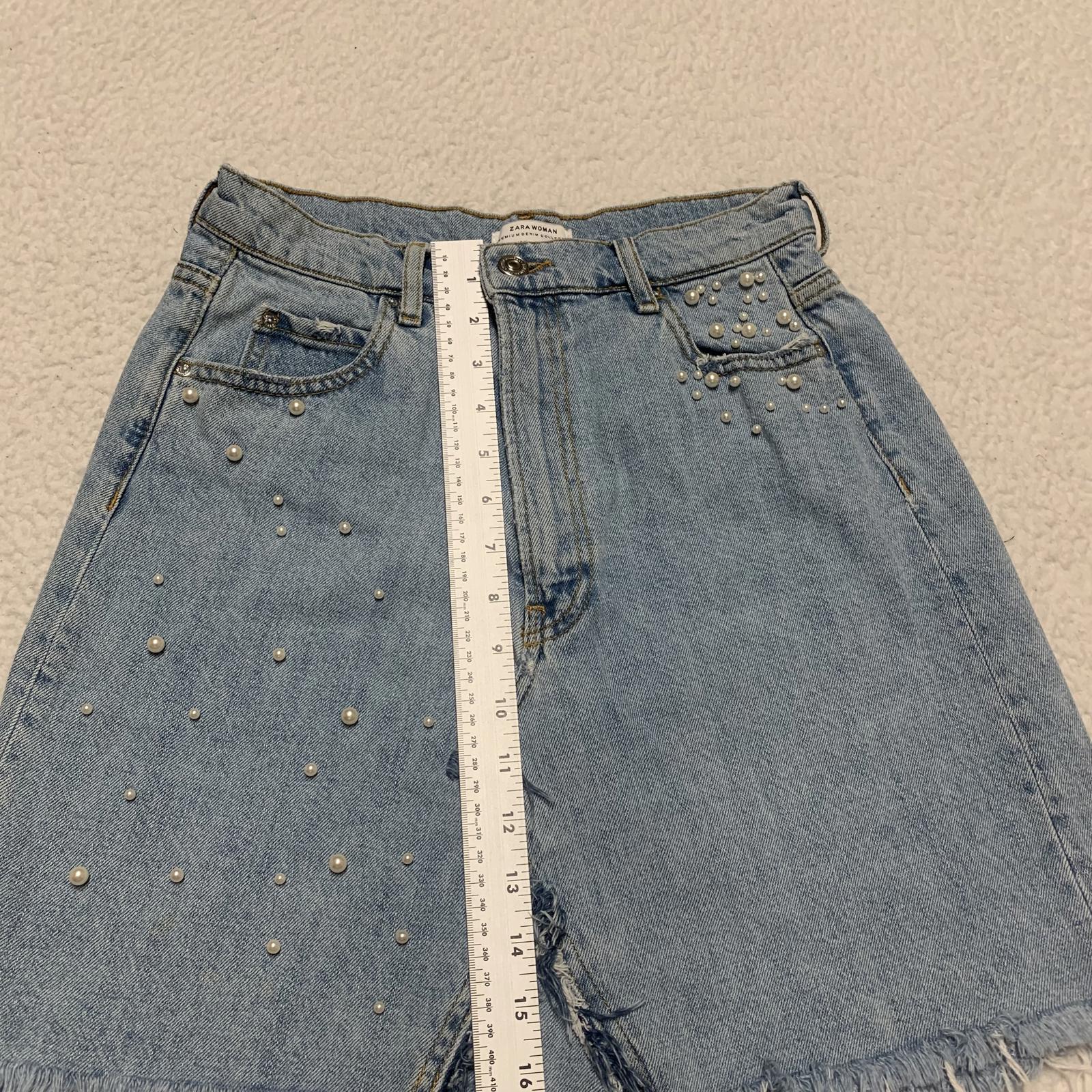 Zara Women's Size M Blue Distressed light wash Denim Skirt Pearl Bead Details
