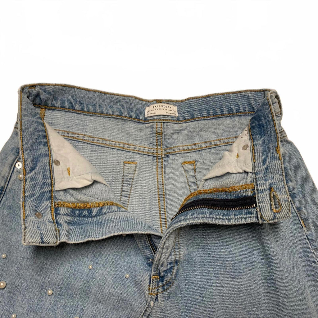 Zara Women's Size M Blue Distressed light wash Denim Skirt Pearl Bead Details