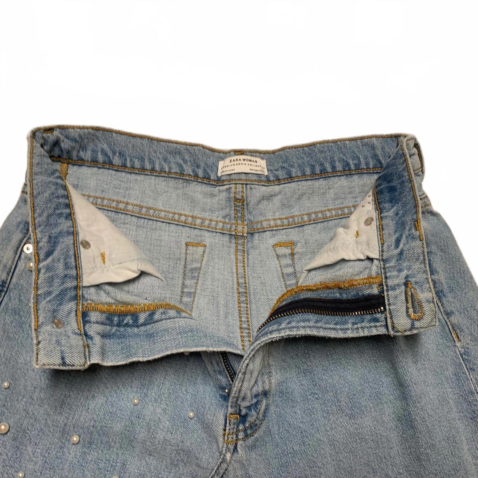Zara Women's Size M Blue Distressed light wash Denim Skirt Pearl Bead Details