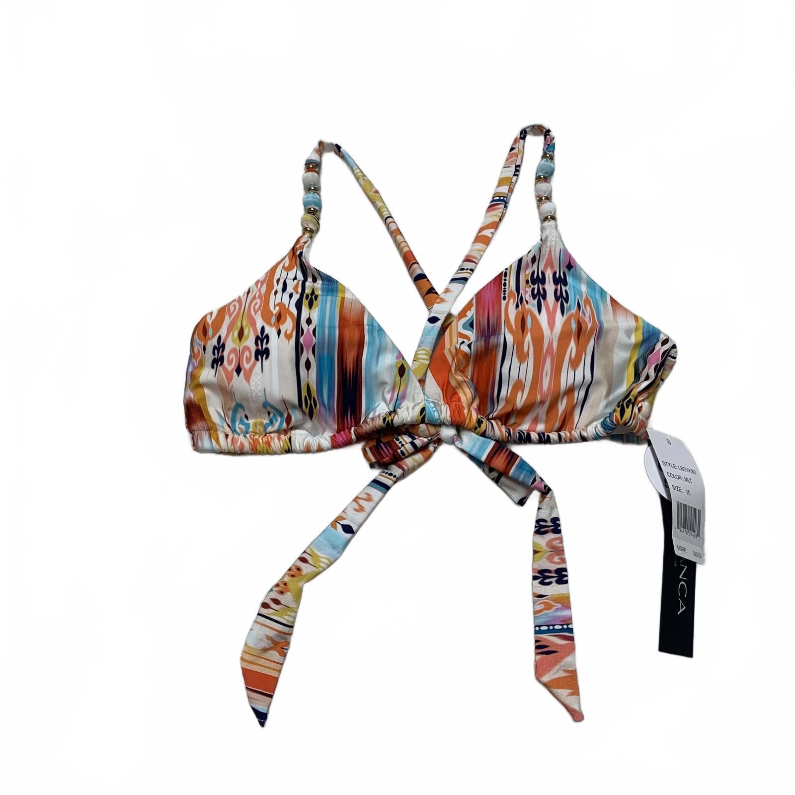 LA Blanca Womens Size 10 Colorful Print Triangle Bikini Top Beaded Straps