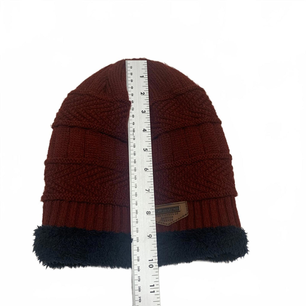 All-match Winter Knit Hat Scarf Gloves Set Burgundy Navy Faux Fur Lining OSFA