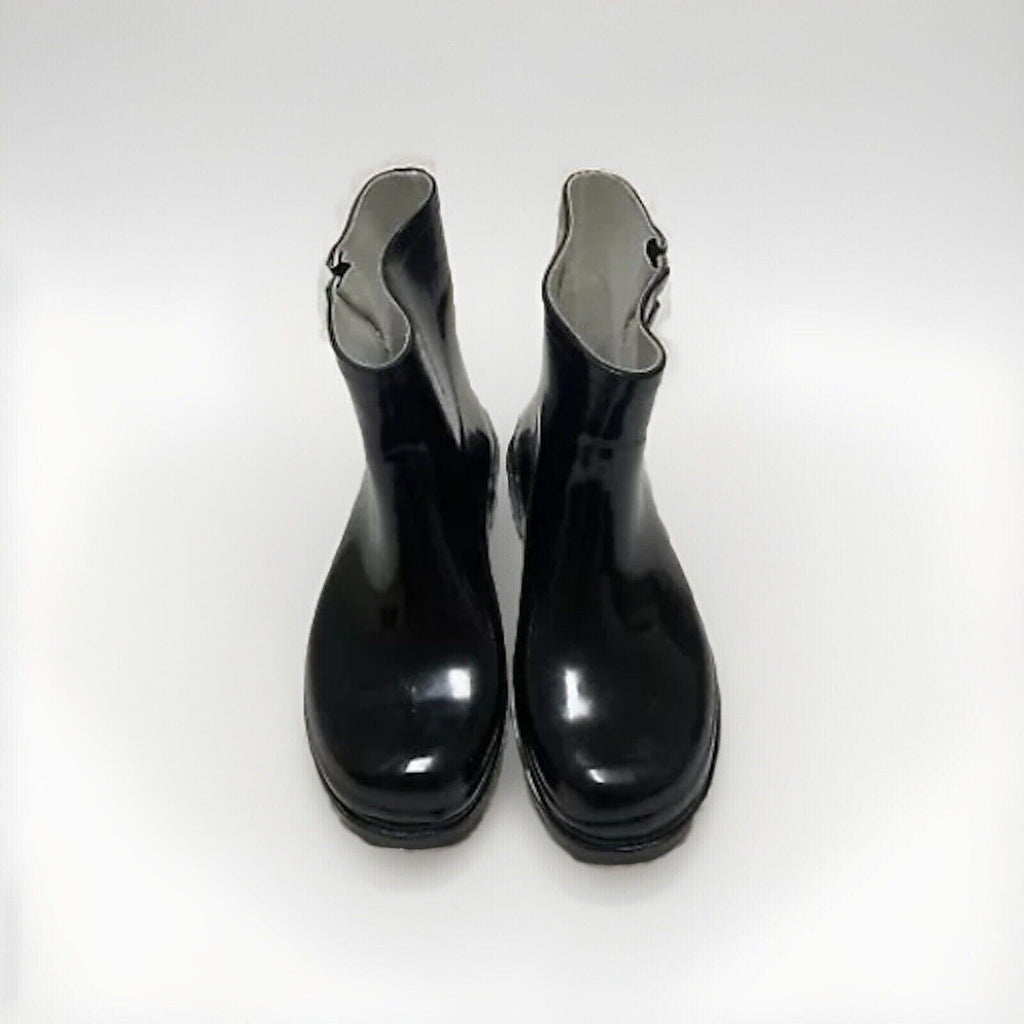DEW Rubber Sole Rain Women's Boots Sz 11 Shiny Black Ankle Height Buckle Pull-on
