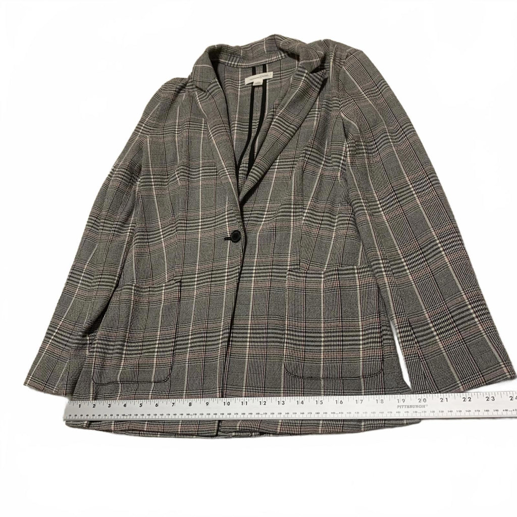 Treasure & Bond Women's Plaid Blazer Jacket XS Black Pink Gray 1-Button Stretch