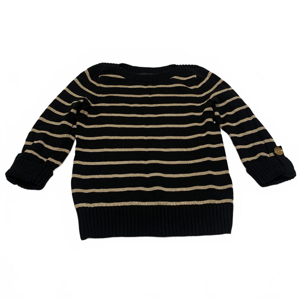 Jones New York Women's Size Petite M Black Beige Striped Sweater Cuffed Sleeve