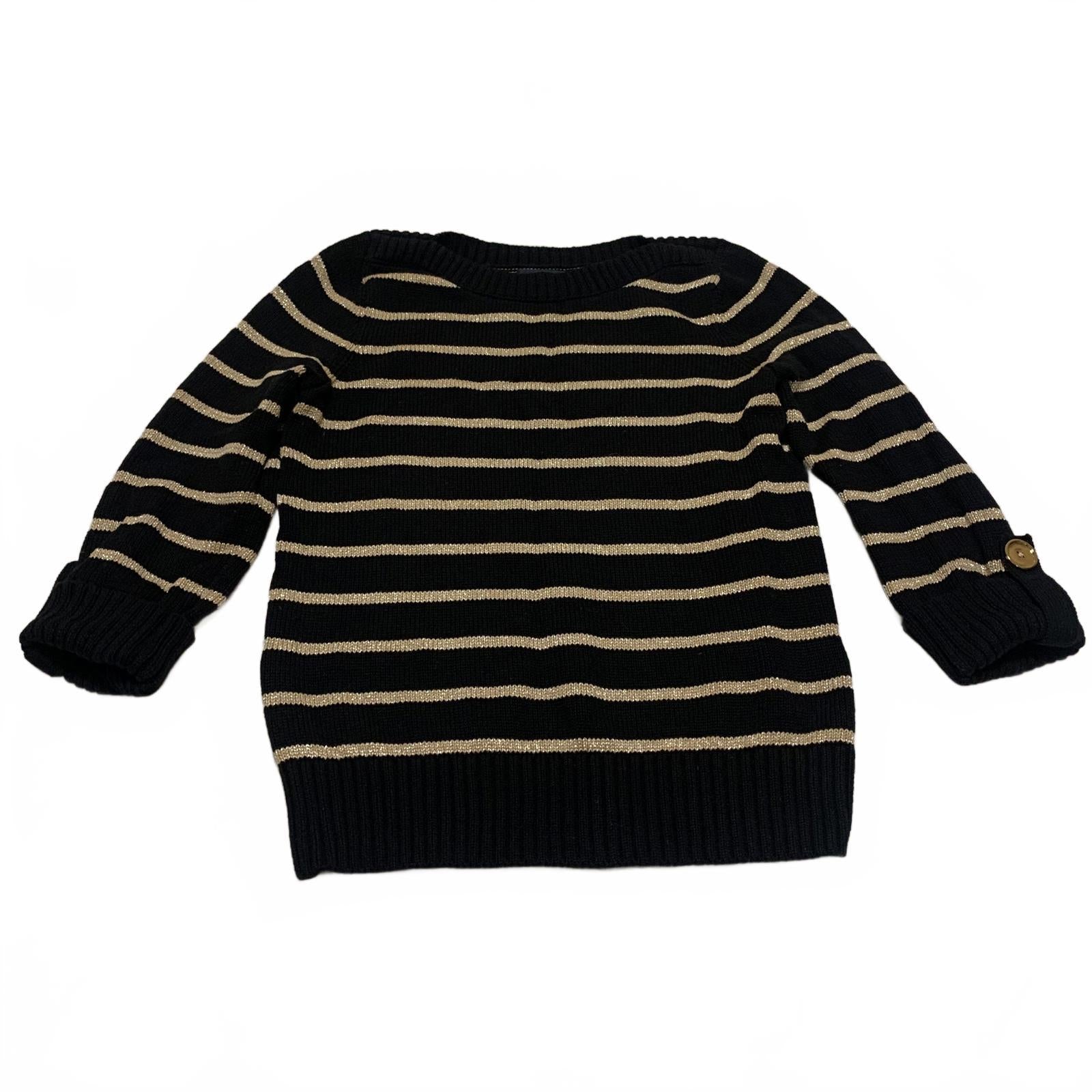 Jones New York Women's Size Petite M Black Beige Striped Sweater Cuffed Sleeve