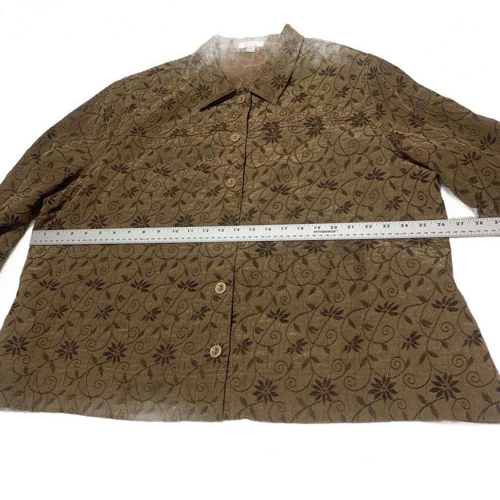 Erin By Erin London Women's 2X Metallic Floral Jacquard Blouse Brown 3/4 Sleeve