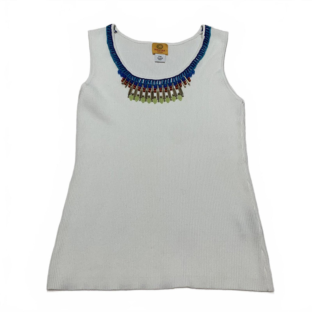 Ruby Rd. Womens Size XL Petite White Ribbed Knit Tank Top Decorative Neckline