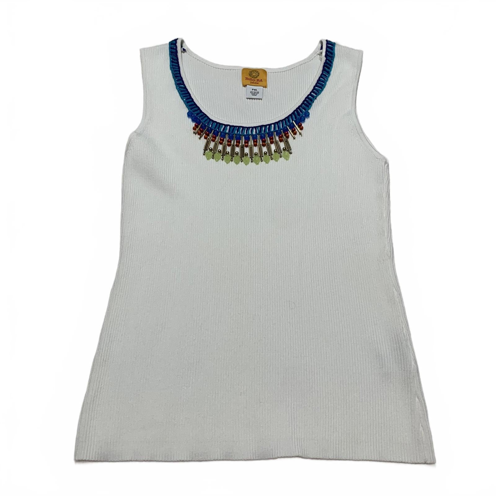 Ruby Rd. Womens Size XL Petite White Ribbed Knit Tank Top Decorative Neckline