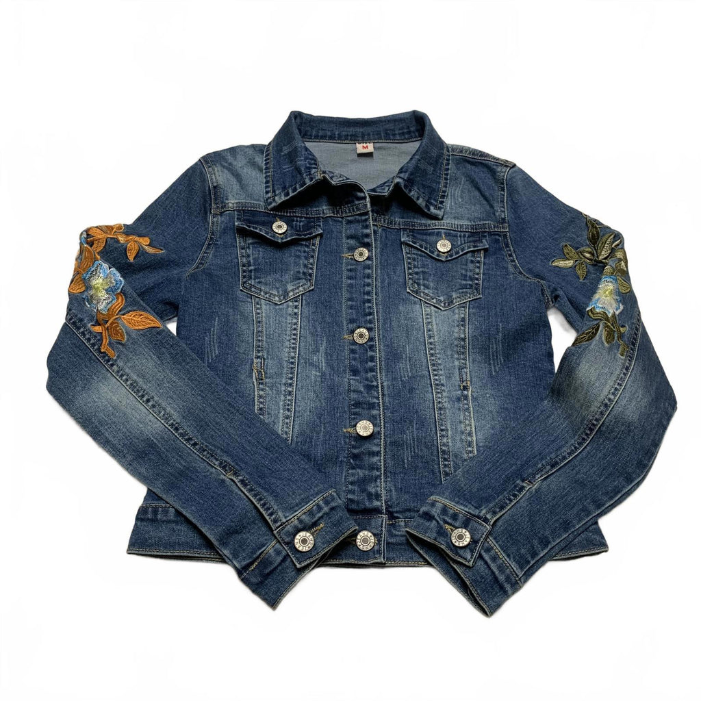 Stylish Denim Jacket with Floral Embroidery Women's Size Medium Dark Denim