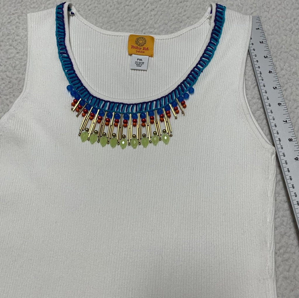 Ruby Rd. Womens Size XL Petite White Ribbed Knit Tank Top Decorative Neckline