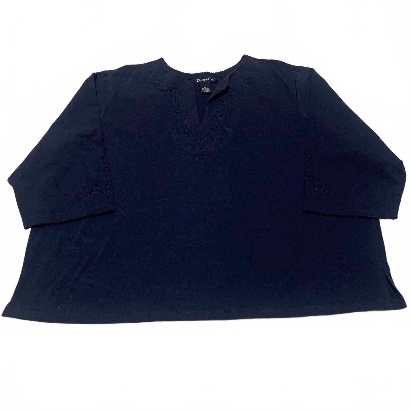 Denim & Company Navy Blue Women's Blouse Size 3X Embroidered Details